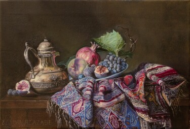 Painting titled "Carpet Still Life O…" by Elshan Rzazade, Original Artwork, Oil Mounted on Wood Stretcher frame
