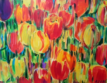 Pintura titulada "Colorful tulips" por Elva Polyakova, Obra de arte original, Acrílico
