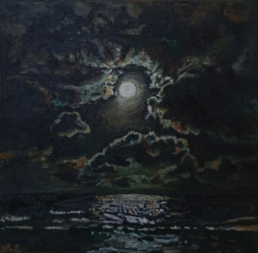 Peinture intitulée "Full Moon above the…" par Elvi Ismailaga, Œuvre d'art originale, Huile
