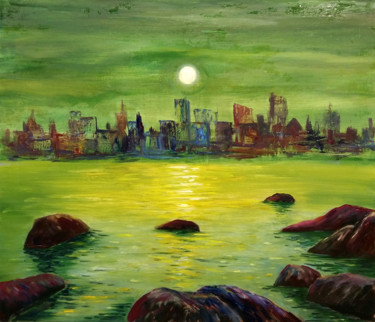 Painting titled "Night city on the c…" by Victor Vinogradov, Original Artwork, Oil