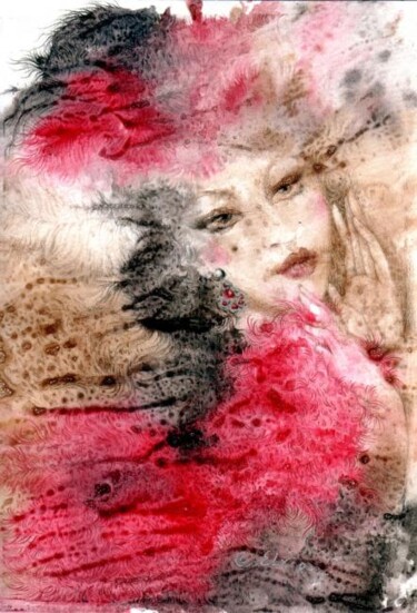 Printmaking titled "Moulin Rouge Beauty" by Elvira Baranova, Original Artwork, Watercolor Mounted on Wood Stretcher frame