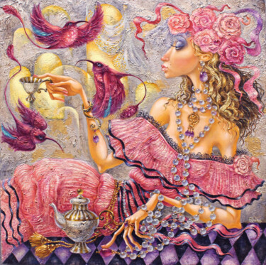 Painting titled "Tea Lady" by Elvira Baranova, Original Artwork, Oil