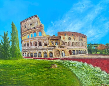 Painting titled "Colosseum Rome Italy" by Elvira Gord, Original Artwork, Oil Mounted on Wood Stretcher frame