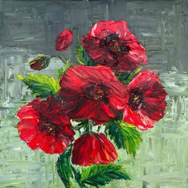 「Red poppies flowers」というタイトルの絵画 Elvira Gordによって, オリジナルのアートワーク, オイル ウッドストレッチャーフレームにマウント