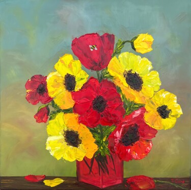 Painting titled "Red and yellow popp…" by Elvira Gord, Original Artwork, Oil Mounted on Wood Stretcher frame