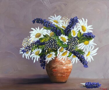 Painting titled "Bouquet of daisies…" by Elvira Gord, Original Artwork, Oil Mounted on Wood Stretcher frame