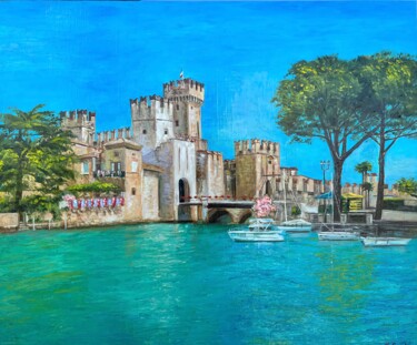 Painting titled "Scaligero Castle of…" by Elvira Gord, Original Artwork, Oil Mounted on Wood Stretcher frame