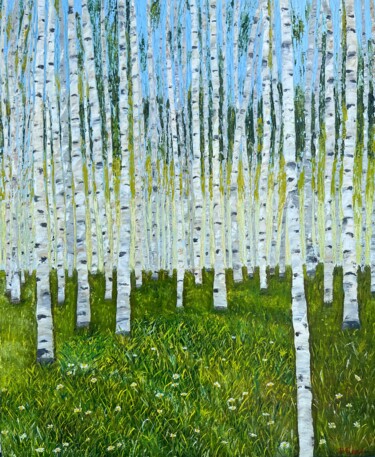 Painting titled "Birches in summer t…" by Elvira Gord, Original Artwork, Oil Mounted on Wood Stretcher frame