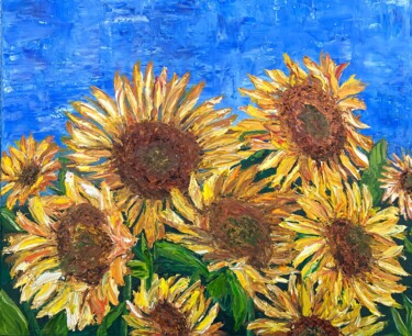 Painting titled "Pleasure of sunflow…" by Elvira Gord, Original Artwork, Oil Mounted on Wood Stretcher frame