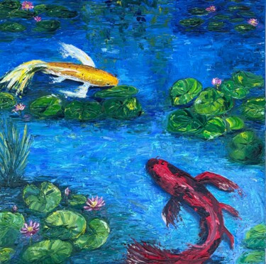 Картина под названием "Koi fish in a pond…" - Elvira Gord, Подлинное произведение искусства, Масло