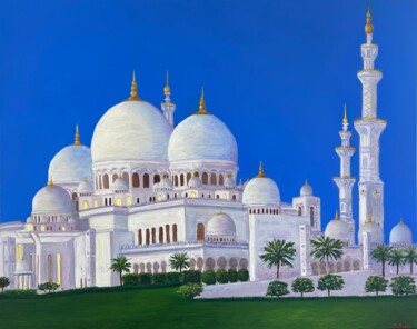 Painting titled "Grand Mosque Abu Dh…" by Elvira Gord, Original Artwork, Oil Mounted on Wood Stretcher frame