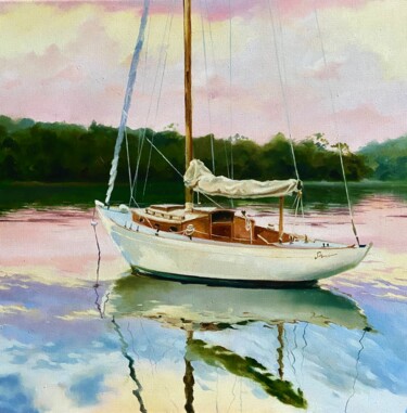 Painting titled "Evening on a river" by Elvira Sultanova, Original Artwork, Oil