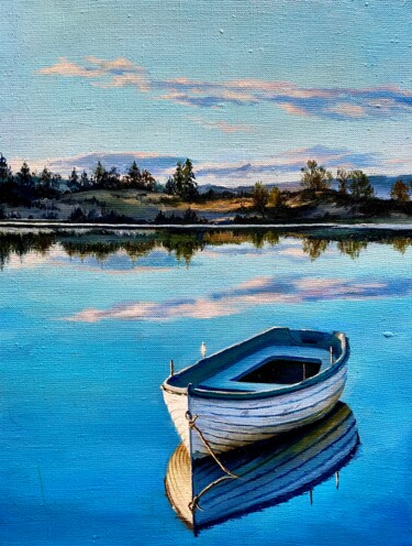 Painting titled "Evening on a lake" by Elvira Sultanova, Original Artwork, Oil