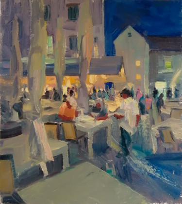 Painting titled "Evening cafe painti…" by Elvira Shiryaeva, Original Artwork, Oil Mounted on Cardboard