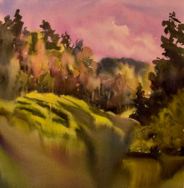 Sunset forest landscape watercolor painting original Painting titled "Sunset forest lands…" by Elvira Shiryaeva, Original Art, Watercolor