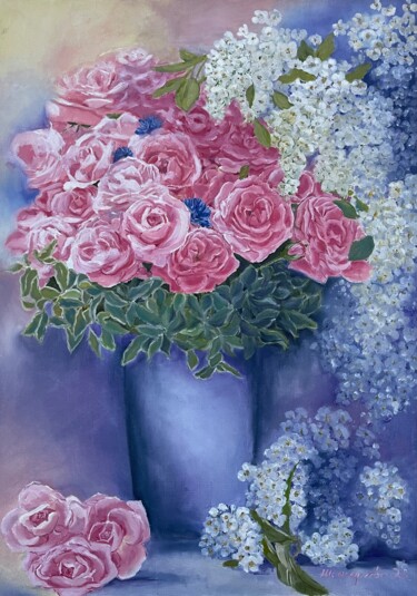 Peinture intitulée "Bouquet of pink ros…" par Elvira Kamaletdinova, Œuvre d'art originale, Huile