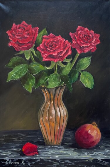 Pittura intitolato "Red roses on black" da Elvira Kamaletdinova, Opera d'arte originale, Olio