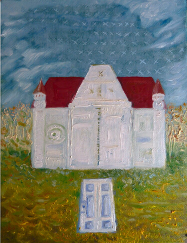 Malarstwo zatytułowany „Pejzaż z białym dom…” autorstwa Elżbieta Goszczycka, Oryginalna praca, Olej