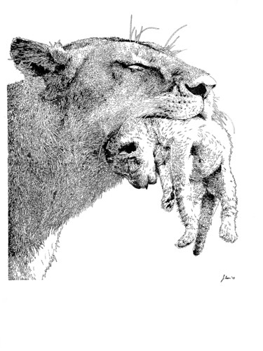 Drawing titled "Motherlion" by Elzem, Original Artwork, Ink