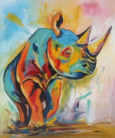 Painting titled "Colorful rhino" by Ema Kato, Original Artwork, Acrylic