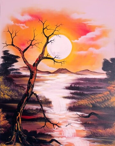 Painting titled "Power of the Sunset" by Ema Kato, Original Artwork, Acrylic