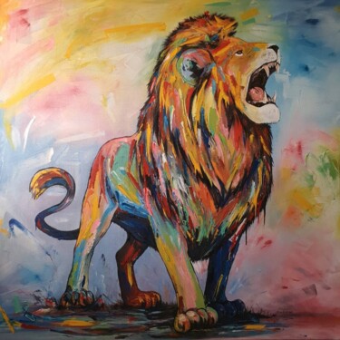 Malerei mit dem Titel "Lion King is Awake" von Ema Kato, Original-Kunstwerk, Acryl