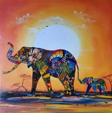 Collages intitulée "Sunset elephants" par Ema Kato, Œuvre d'art originale, Acrylique