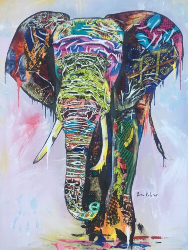 Collages intitulée "African elephant" par Ema Kato, Œuvre d'art originale, Acrylique