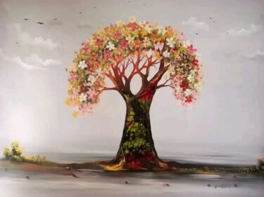 Painting titled "Floral tree landsca…" by Ema Kato, Original Artwork, Acrylic