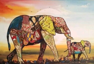 Pittura intitolato "Mother elephant" da Ema Kato, Opera d'arte originale, Acrilico