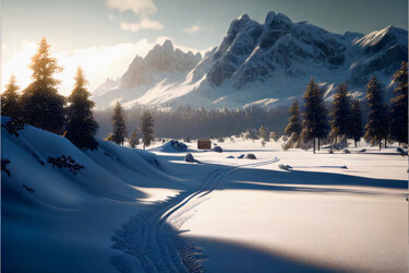 Digitale Kunst getiteld "Winter mountains, s…" door Emaga Travels By Emaga Art, Origineel Kunstwerk, AI gegenereerde afbeeld…