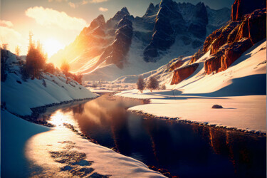 Digitale Kunst getiteld "Winter mountains, s…" door Emaga Travels By Emaga Art, Origineel Kunstwerk, AI gegenereerde afbeeld…