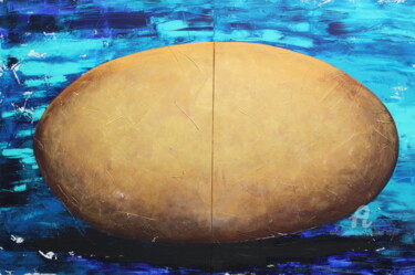 Painting titled "Ouro sobre Azul" by Emanuel Aguiar, Original Artwork, Acrylic