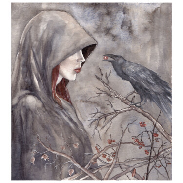 Arte digitale intitolato "Il dono del corvo" da Emanuela Bianchi, Opera d'arte originale, Acquarello
