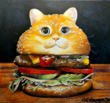 Painting titled "CatBurger" by Emanuele Malassisi, Original Artwork, Pencil
