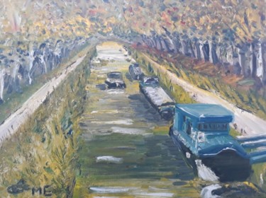 Painting titled "canal de garonne3" by Oeilme, Original Artwork, Oil Mounted on Wood Stretcher frame