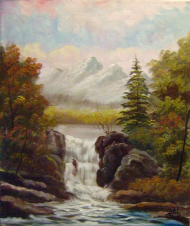 Peinture intitulée "Chute d'eau aux roc…" par E. Angie Boucard, Œuvre d'art originale, Huile