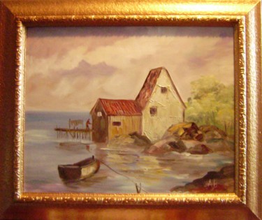 Peinture intitulée "Cabane près du lac" par E. Angie Boucard, Œuvre d'art originale, Huile