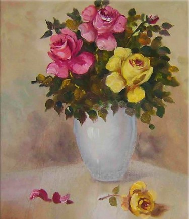 Pintura titulada "Vase aux 4 roses ma…" por E. Angie Boucard, Obra de arte original