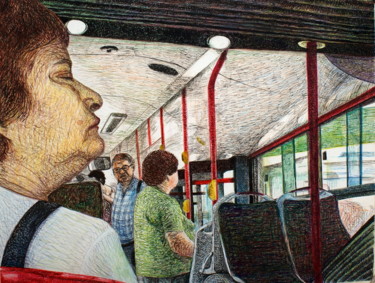 Drawing titled "On the 75 troley I." by Emese Bács, Original Artwork, Ink