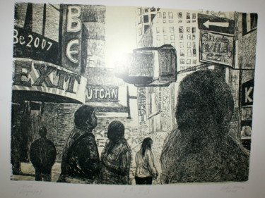 Druckgrafik mit dem Titel "On the street" von Emese Bács, Original-Kunstwerk, Lithographie