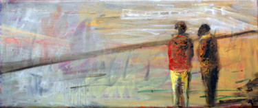 Painting titled "On the beach I." by Emese Bács, Original Artwork, Oil Mounted on Wood Stretcher frame