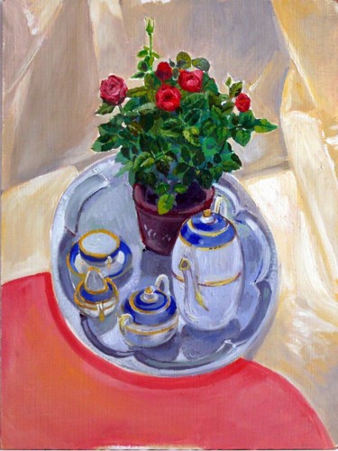 Painting titled "Coffe set on pink t…" by Emilia Amaro, Original Artwork, Oil