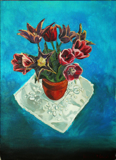 Painting titled "Tulips in red vase" by Emilia Amaro, Original Artwork, Oil