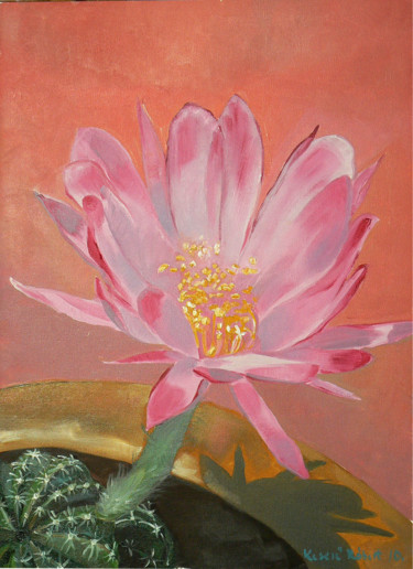 Schilderij getiteld "Cactus flower in pi…" door Emilia Amaro, Origineel Kunstwerk, Olie