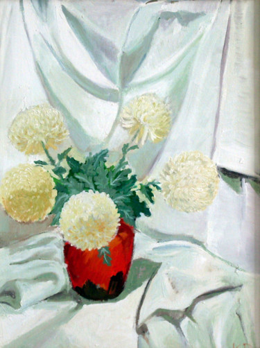 Painting titled "White chrysanthemum…" by Emilia Amaro, Original Artwork, Oil