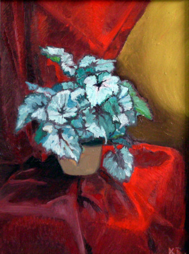 Painting titled "Begonia in a brown…" by Emilia Amaro, Original Artwork, Oil