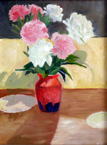 Painting titled "Peonies in red vase" by Emilia Amaro, Original Artwork, Oil