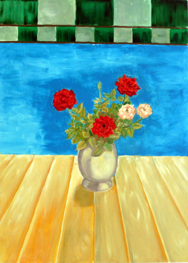 Painting titled "Roses in the window" by Emilia Amaro, Original Artwork, Oil