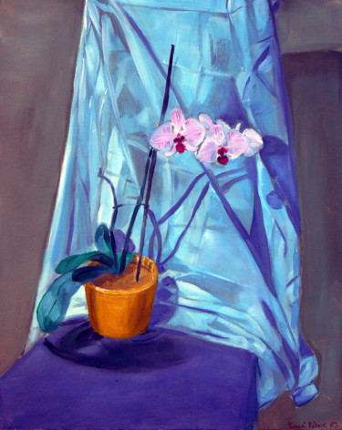 Painting titled "Orchid on chair wit…" by Emilia Amaro, Original Artwork, Oil
